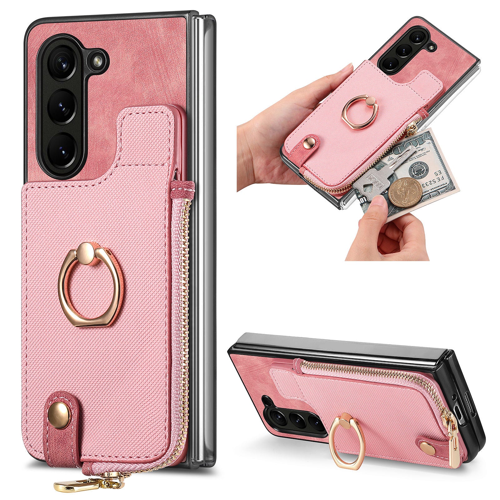 Retro Zipper Wallet Phone Case for Samsung Galaxy Z Fold5 5G PU PC Rotating Ring Kickstand Phone Shell Retro Zipper Wallet Phone Case for Samsung Galaxy Z Fold5 5G PU PC Rotating Ring Kickstand Phone Shell